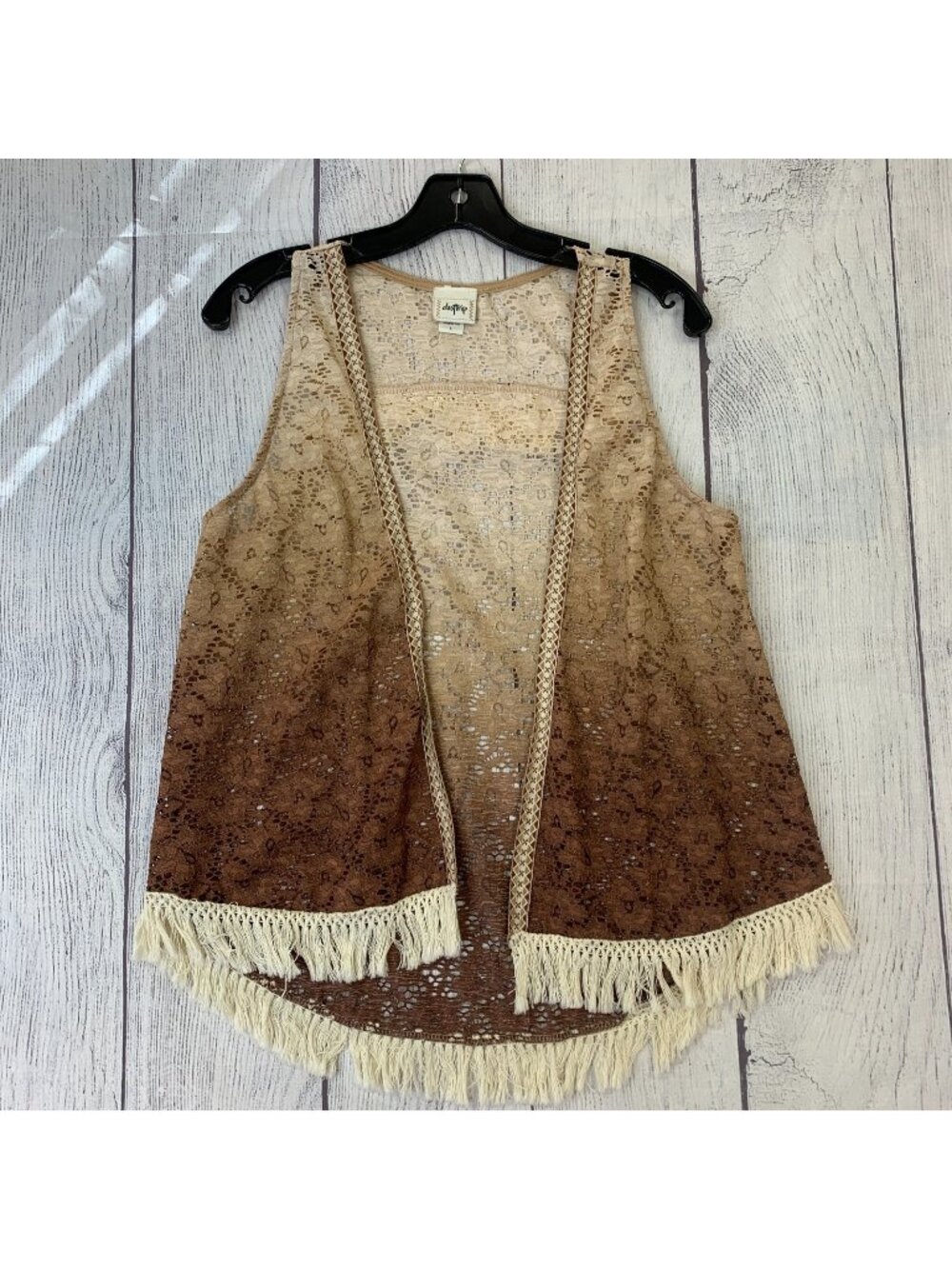 Daytrip Open Lacy Vest sz L Fringe Trim Lightweight Boho Hippie